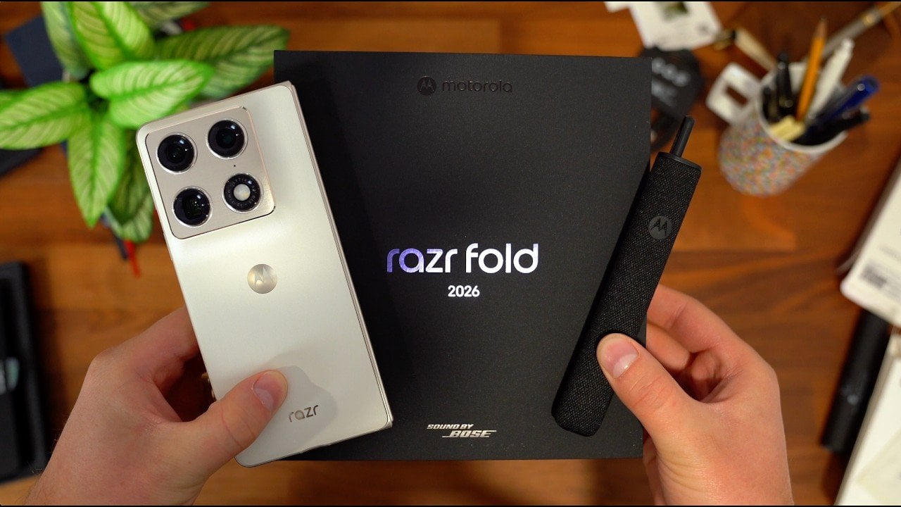 Motorola Razr Fold 2026 shown half-open, highlighting the flat fold hinge and brushed metal frame.
