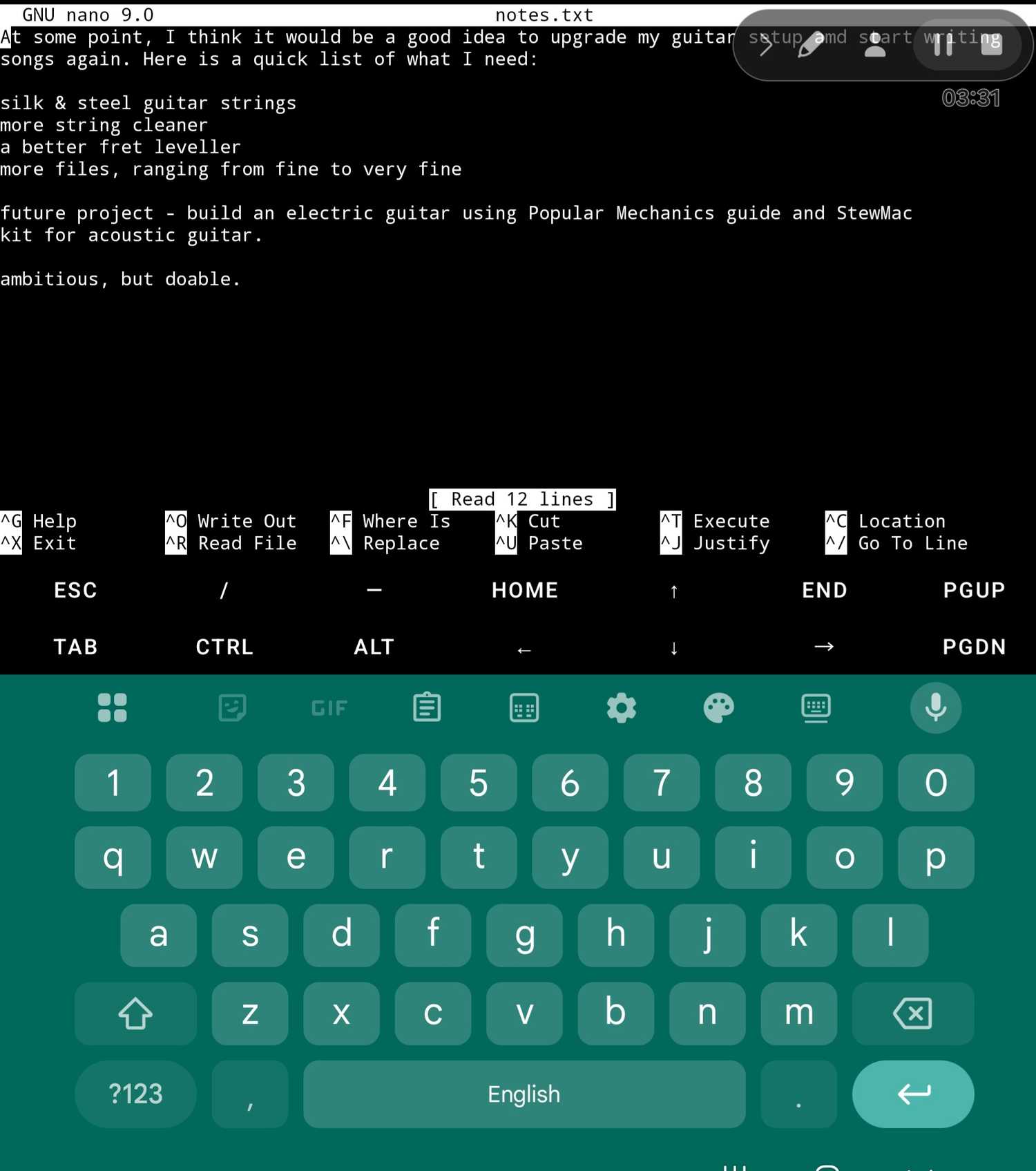 A memo in Nano on an android phone