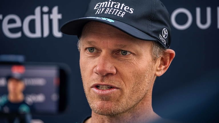Nathan Outteridge talks to media at the Louis Vuitton 37th America’s Cup in Barcelona, Spain.