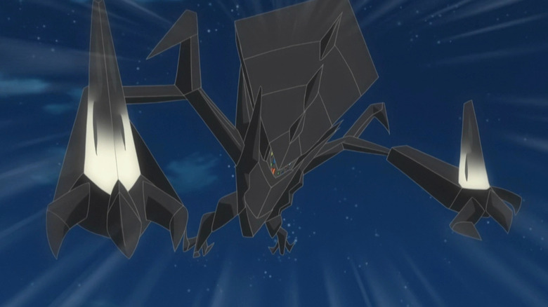 Necrozma flying fast in the night sky in the Pokemon anime