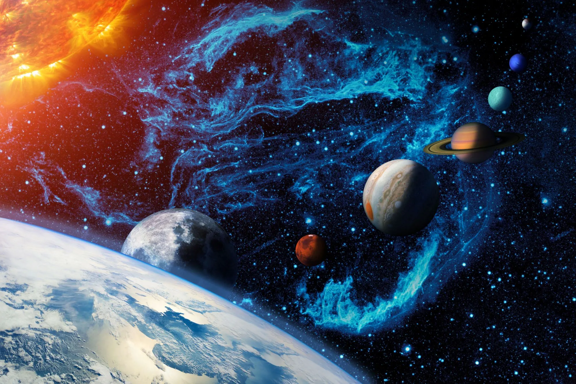 An image collage containing 1 images, Image 1 shows Illustration of the Sun and planets from the Solar System, with Earth and Moon in the foreground and a blue nebula in the background