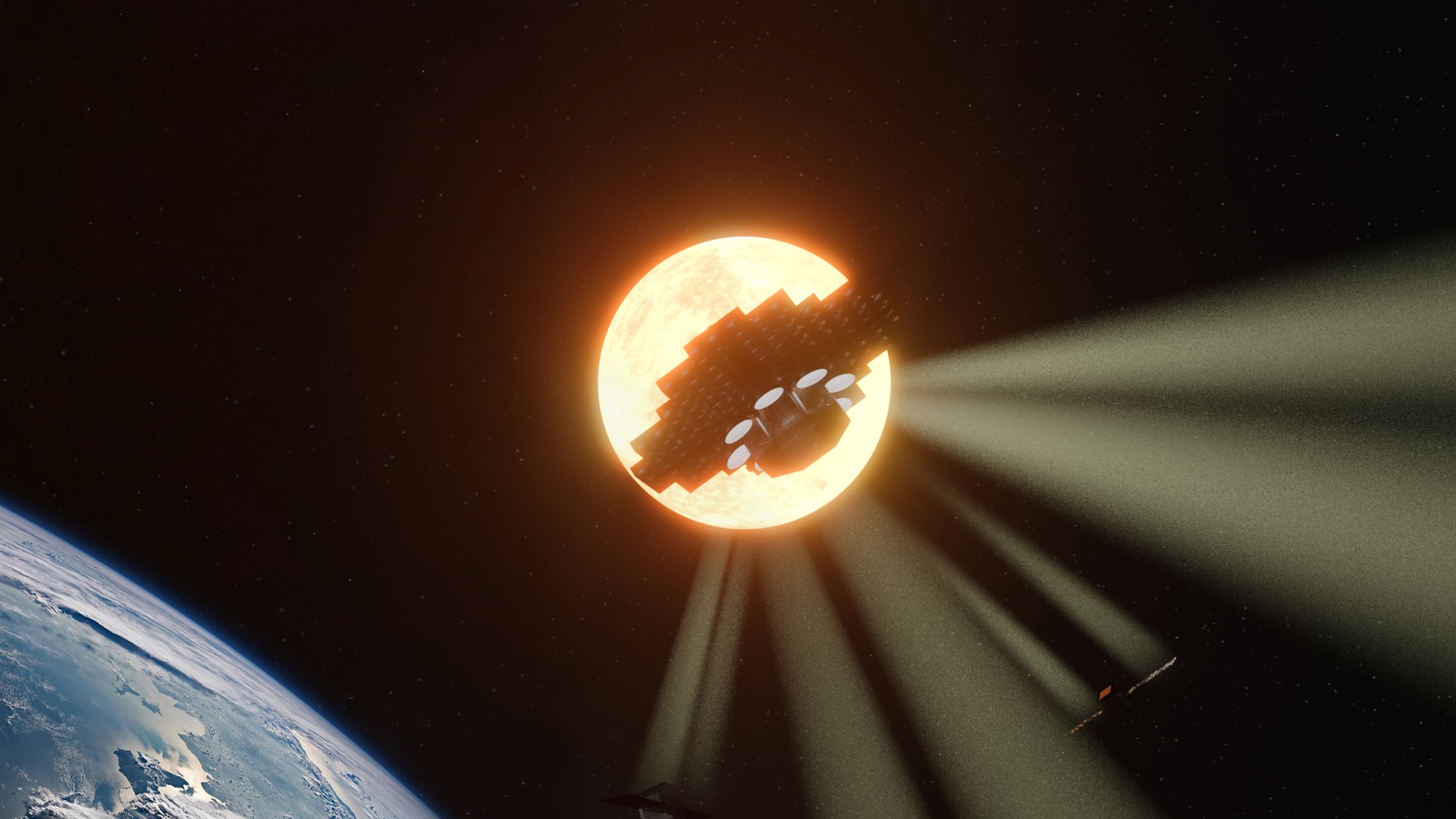 A rendering of a Star Catcher power-beaming spacecraft transmitting concentrated and conditioned solar energy to client satellites.