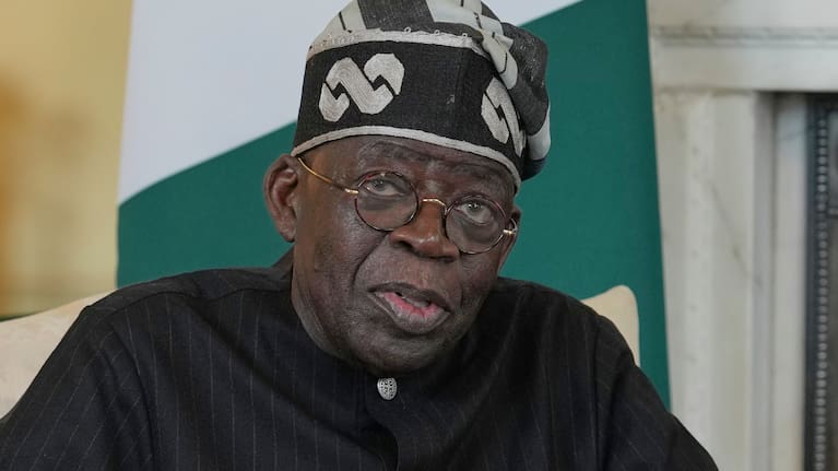 Nigerian President Bola Tinubu speaks to the media ahead of his meeting with Britain's Prime Minister Keir Starmer inside 10 Downing Street in London.