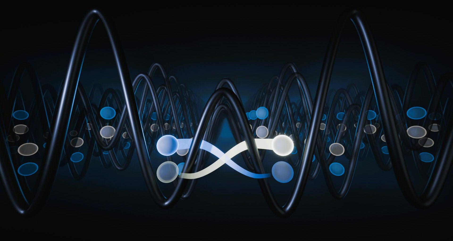 An illustration showing various blue and white dots connected by glowing lines weaving through waves of black.