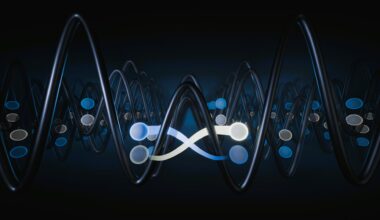 An illustration showing various blue and white dots connected by glowing lines weaving through waves of black.