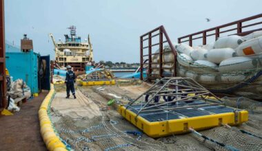 Ocean cleanup system collecting floating plastic waste from the sea surface