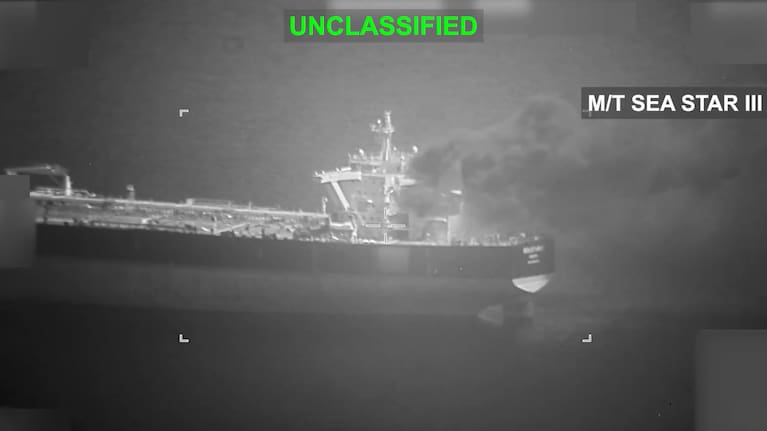 One of the Iranian tankers after being fired at by US forces in the Strait of Hormuz on May 9.