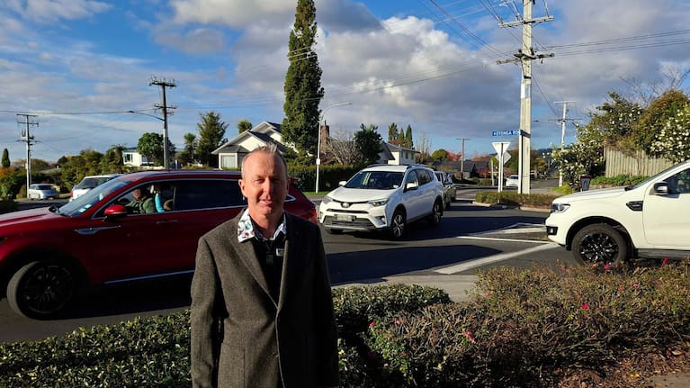 Otonga Primary School principal Gareth Cunliffe at the Springfield Rd and Otonga Rd roundabout and crossing.