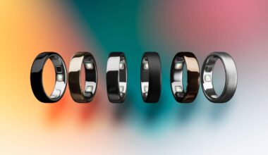 Six rings in a line, all standing on edge in a three-quarters perspective
