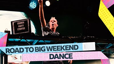 Artwork for Road to Big Weekend Dance, featuring a picture of DJ Fatboy Slim performing onstage. 