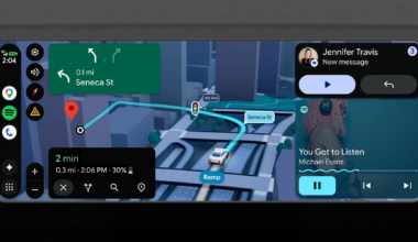 The home screen of Android Auto with an app bar, maps screen, incoming call widget, and an audio widget