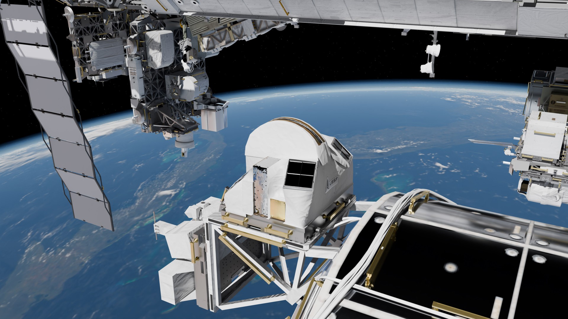 a white rectangular box-like structure on the outside of a large white cylinder above earth