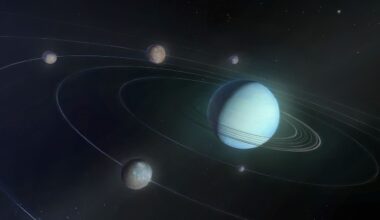 An illustration of a light blue world surrounded by frail rings. There are five moons of varying sizes orbiting around the planet.