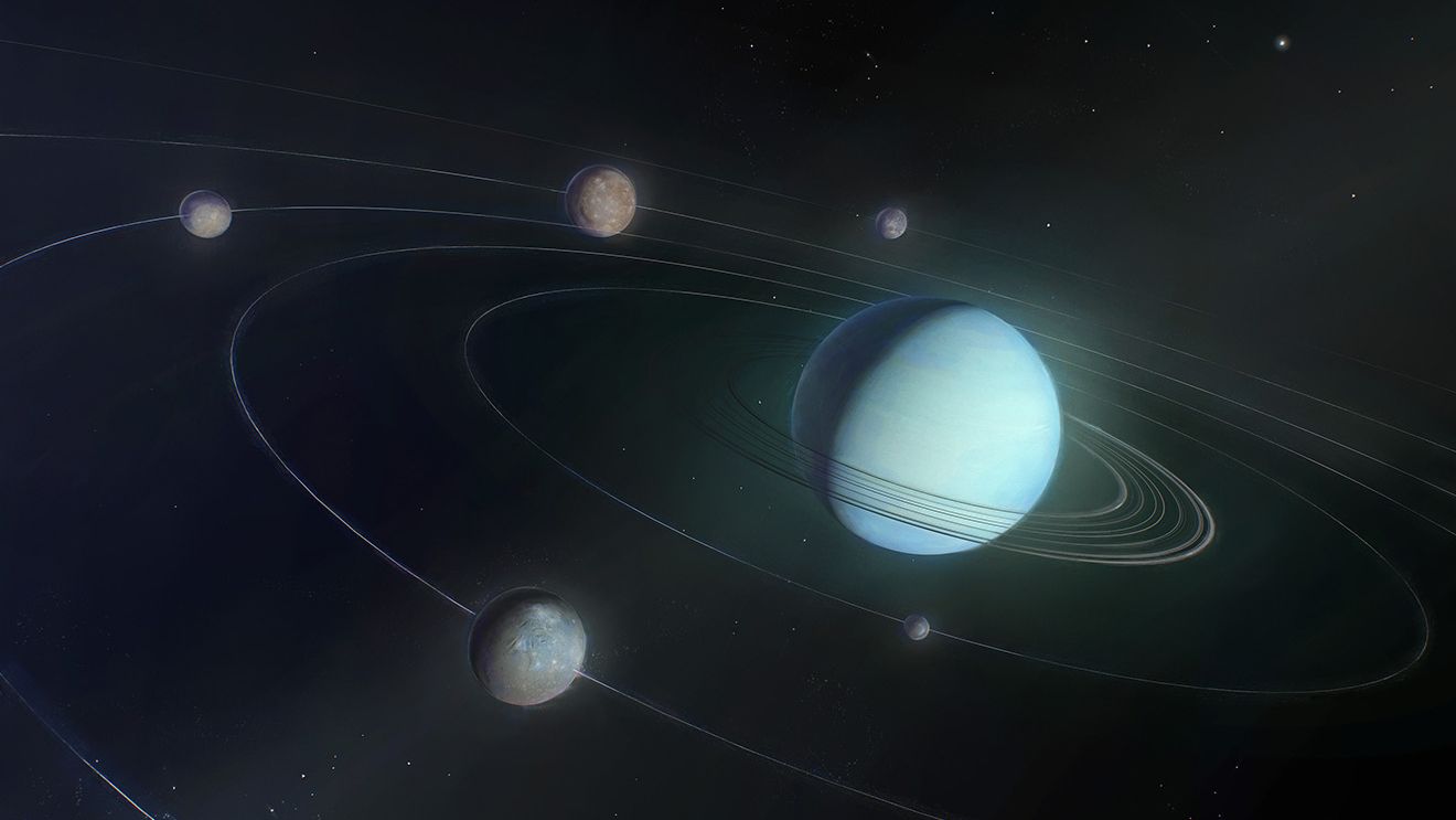 An illustration of a light blue world surrounded by frail rings. There are five moons of varying sizes orbiting around the planet.