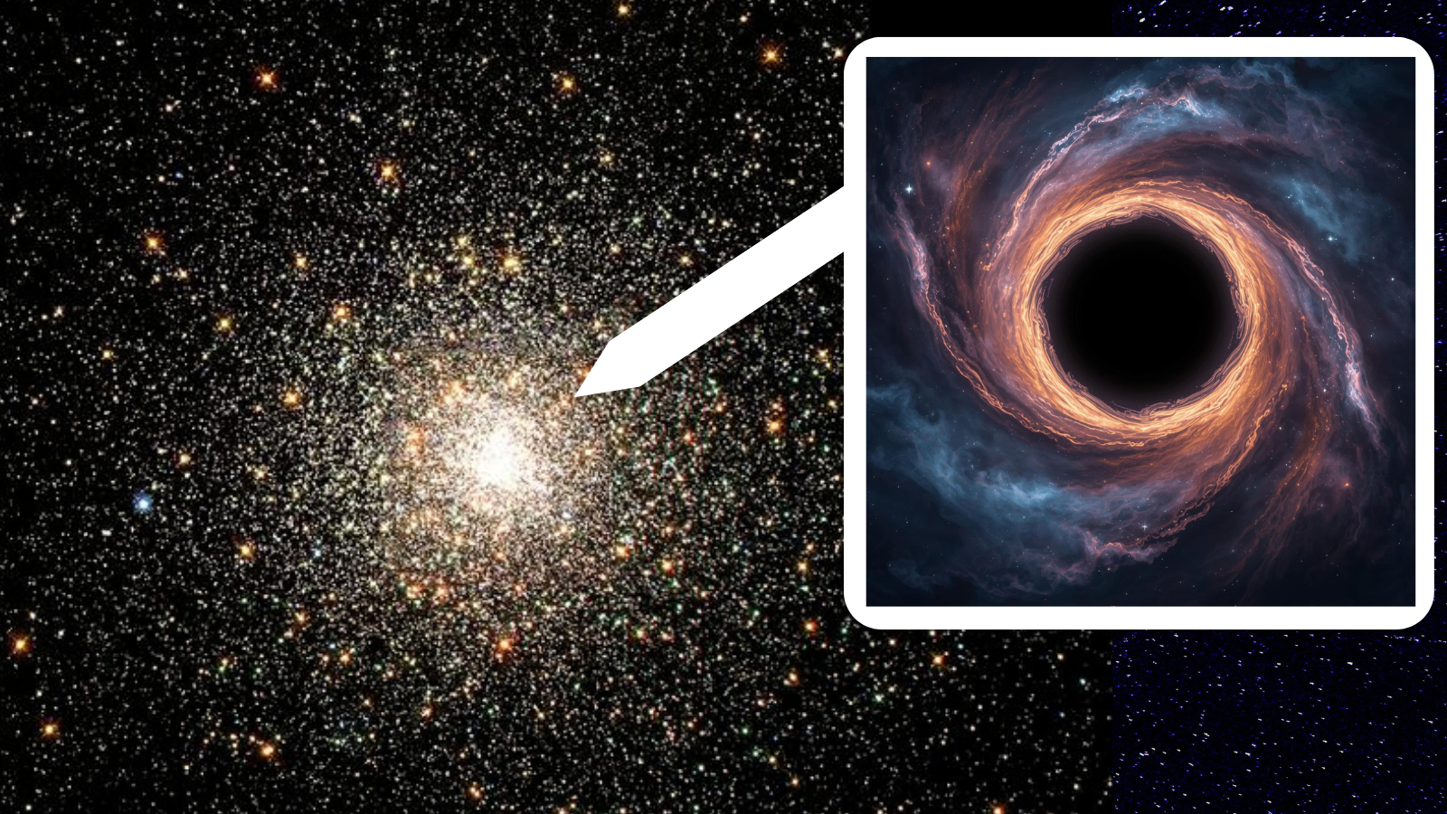 A very starry image where the stars concentrate at the center. A boxout shows that a black hole (illustrated) exists in middle of all the stars if you zoom in.