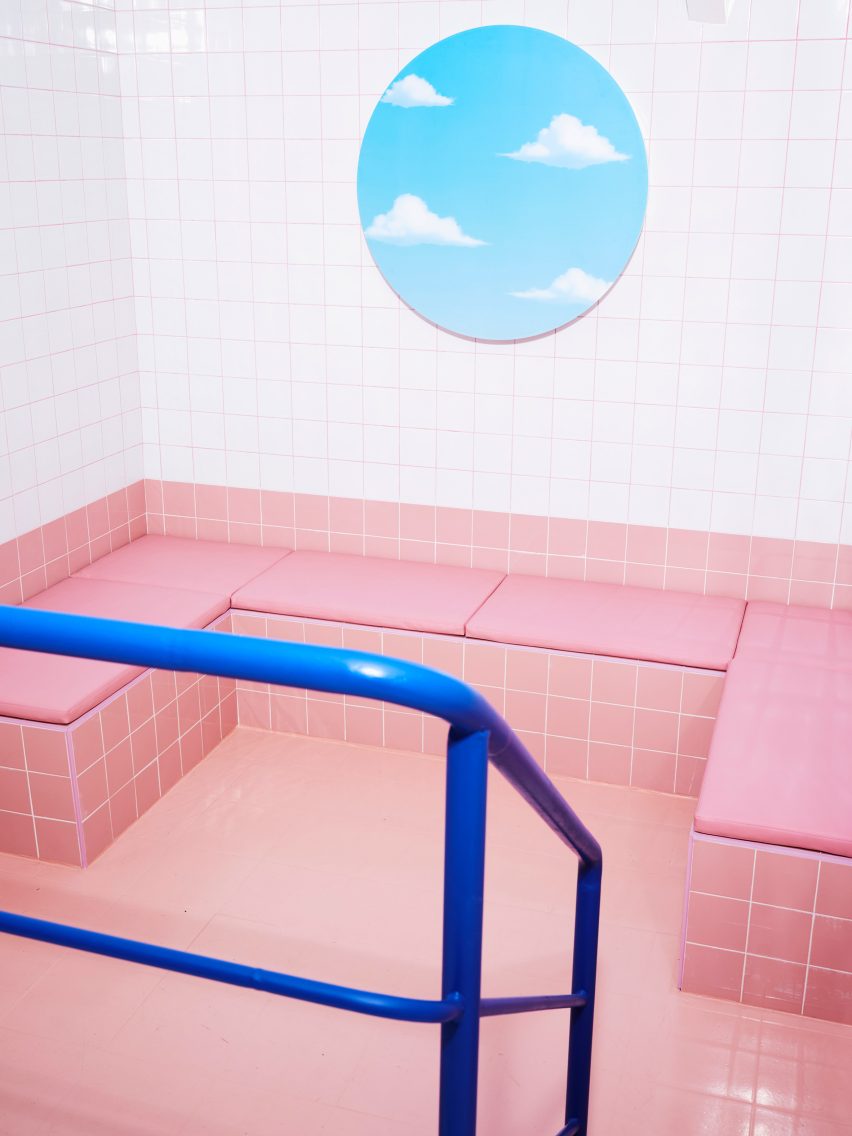 Tiled pink seating area of Sornells 21 office 