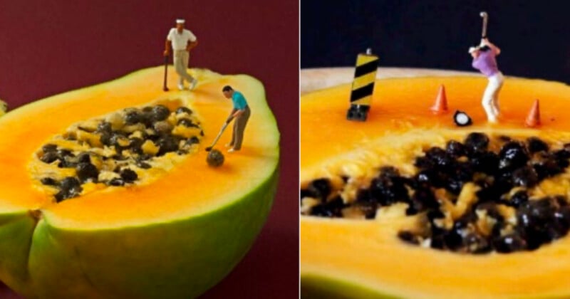Miniature figurines play golf on halved papayas, using the seeds as golf balls and surrounded by tiny props like cones and barriers, creating a playful, surreal golf scene on the fruit.