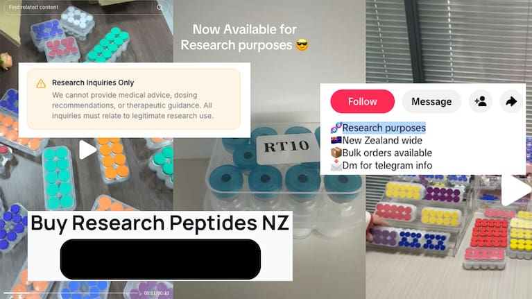 Sellers marketing peptides as “for research purposes” on social media. Images from TikTok, Instagram.
