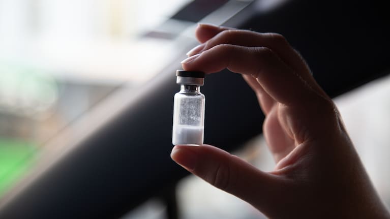 Small vial of powder sold as ‘Retatrutide’. Photo credit: Te Ahipourewa Forbes/Re: News. 