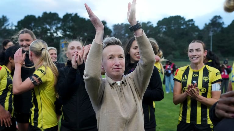 Phoenix head coach Bev Priestman celebrates their win during the A-League Women’s Semi Final leg 2 - Wellington Phoenix v Brisbane Roar at Porirua Park, on the 10 May 2026.