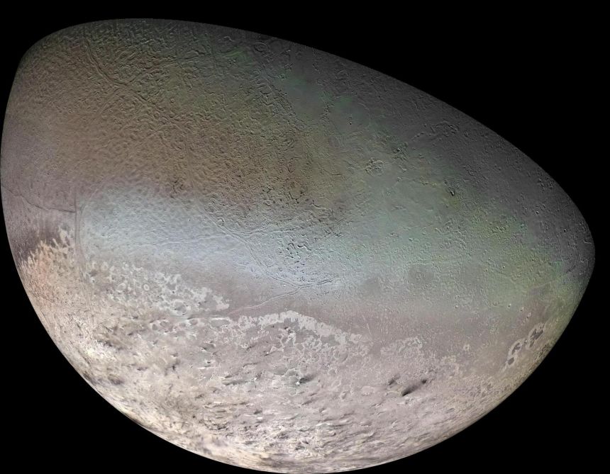 Triton, in a mosaic of images taken in 1989 by Voyager 2, is Neptune's largest moon.
