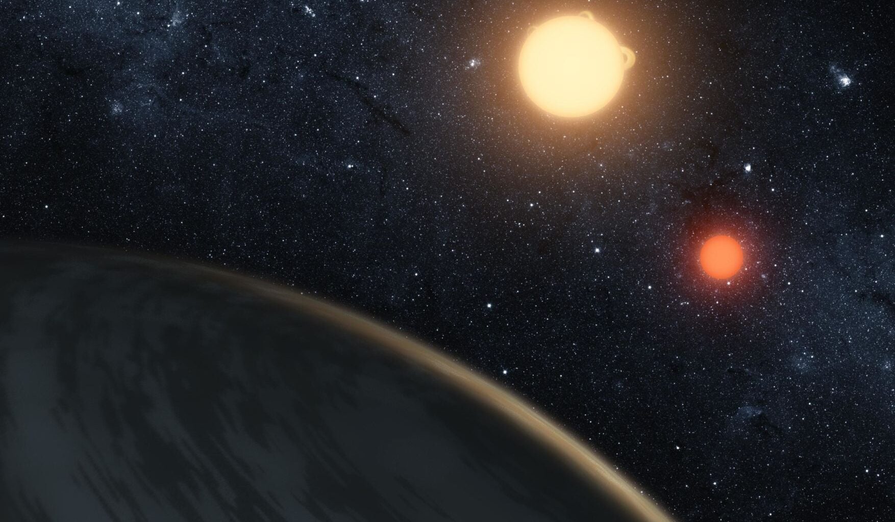 An artist's concept of a circumbinary world orbiting two suns. Courtesy UNSW.