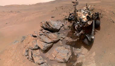 NASA’s Perseverance Mars rover appears to look into the camera in this selfie. The rover is at a rocky outcrop nicknamed “Arethusa”.