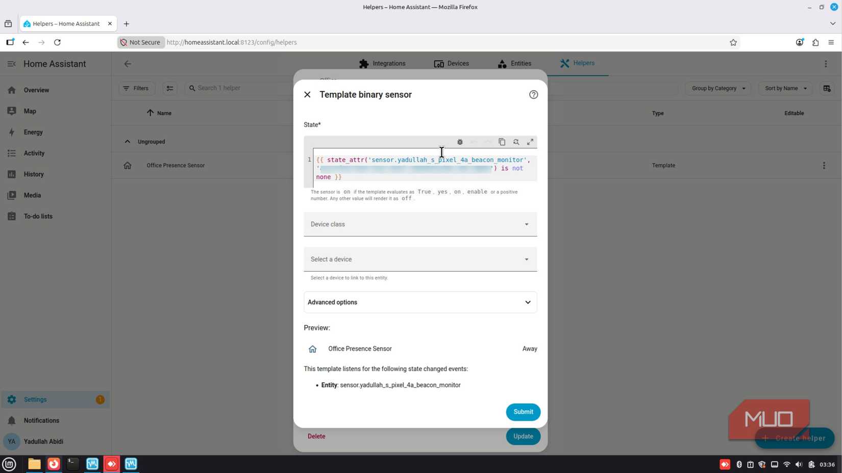 Presece sensor helper in Home Assistant.