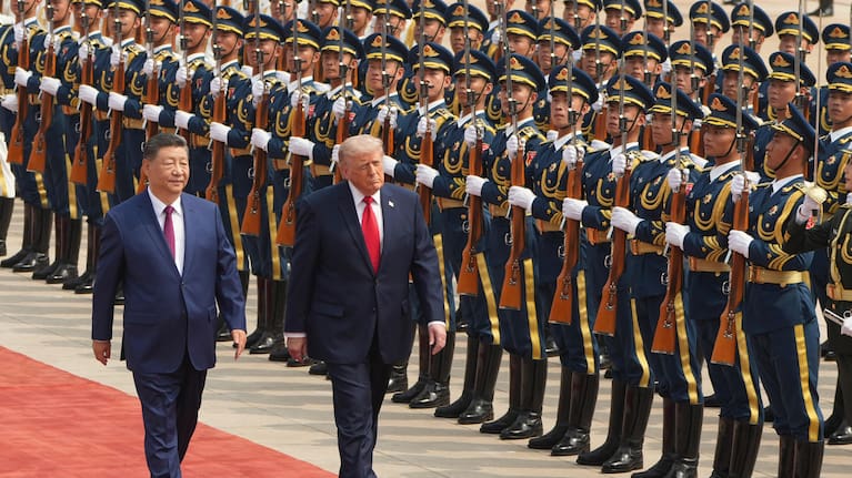 President Donald Trump participates in a welcome ceremony with China's President Xi Jinping at the Great Hall of the People, Thursday, May 14, 2026, in Beijing.