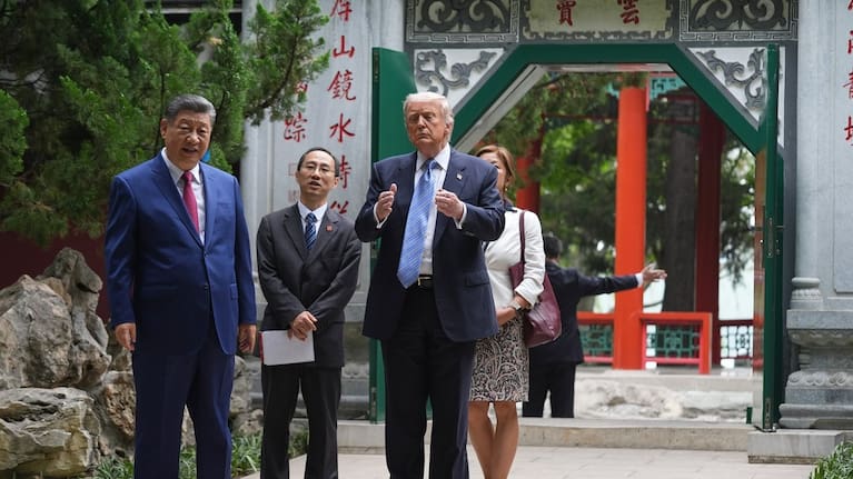 President Donald Trump talks with China's President Xi Jinping at the Zhongnanhai leadership compound, Friday, May 15, 2026, in Beijing.