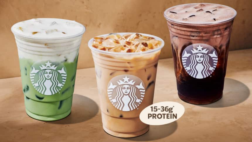 Three starbucks drinks, from left to right: Matcha latte, iced latte and cold foam.