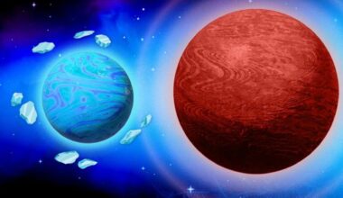 A blue planet on the left surrounded by ice and on the right is a red large planet.