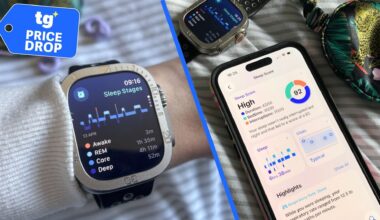 A split screen with an image of the Apple Watch Ultra on a woman's wrist in a bedroom setting, and an image of an iPhone 15 displaying her sleep score. A deals badge is in the top left foreground.