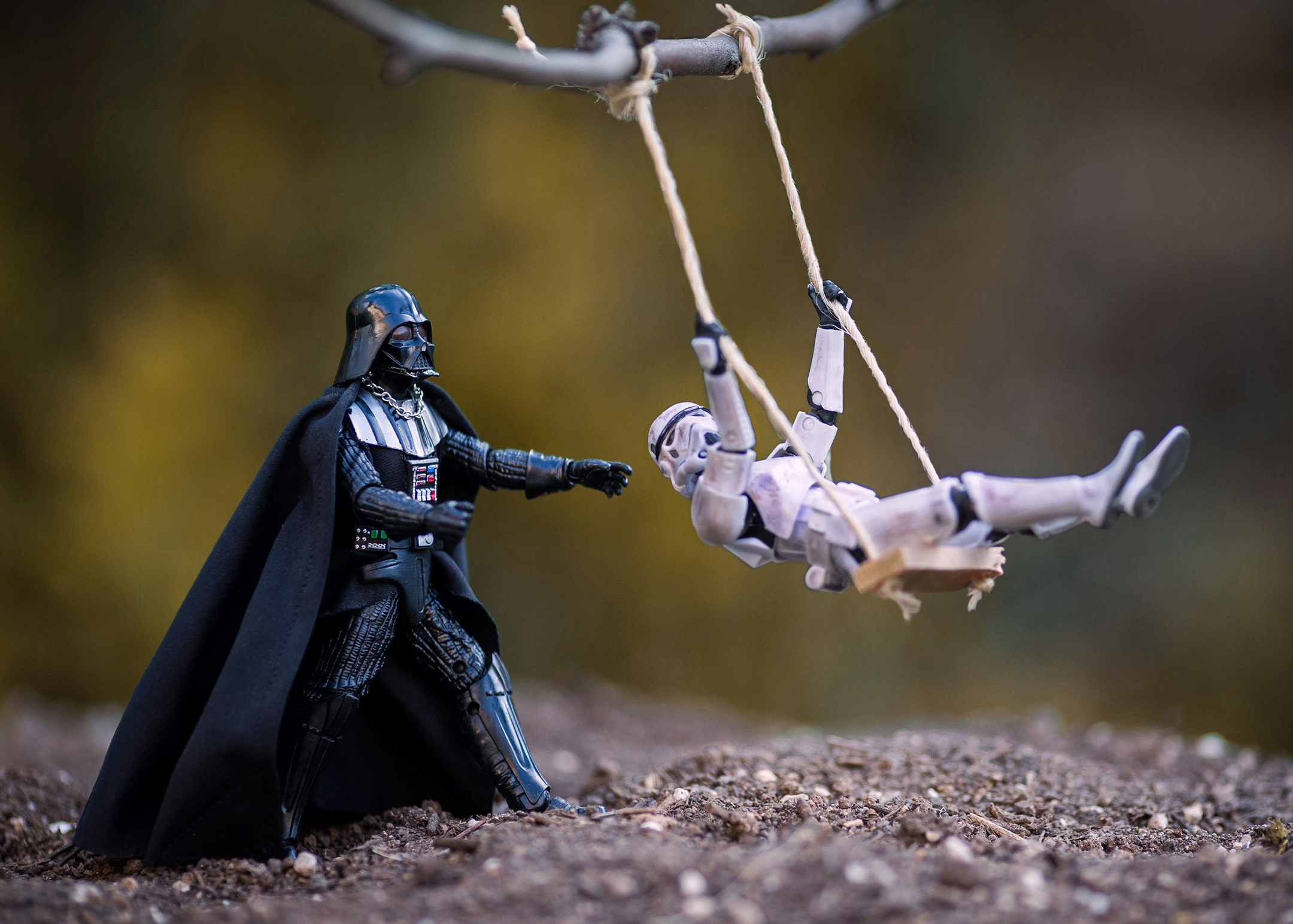 Darth Vader figure pushes a Stormtrooper figure on a small swing hanging from a tree branch outdoors
