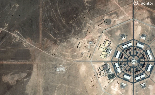 A satellite image shows military activity underway at the edge of the Xinjiang octagon-shaped installation, in the Xinjiang Uyghur Autonomous Region, China, May 11, 2026