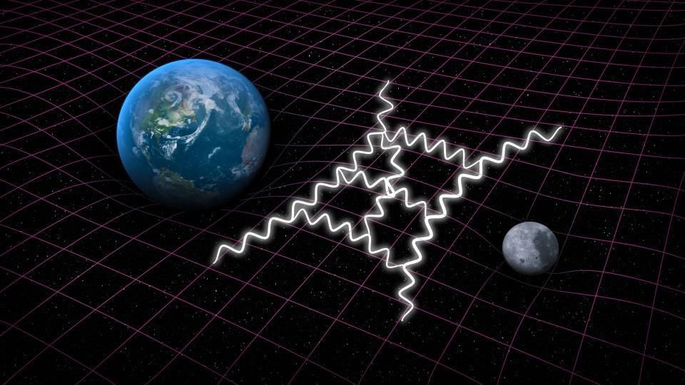 Illustration of a quantum gravity calculation between the Earth and Moon. Credit: SLAC National Accelerator Laboratory