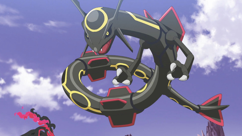 A shiny Rayquaza floating in the air over Galarian Moltres in the anime