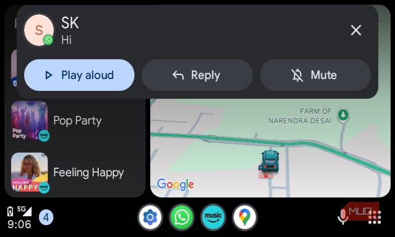 Incoming text notification of WhatsApp on Android Auto.