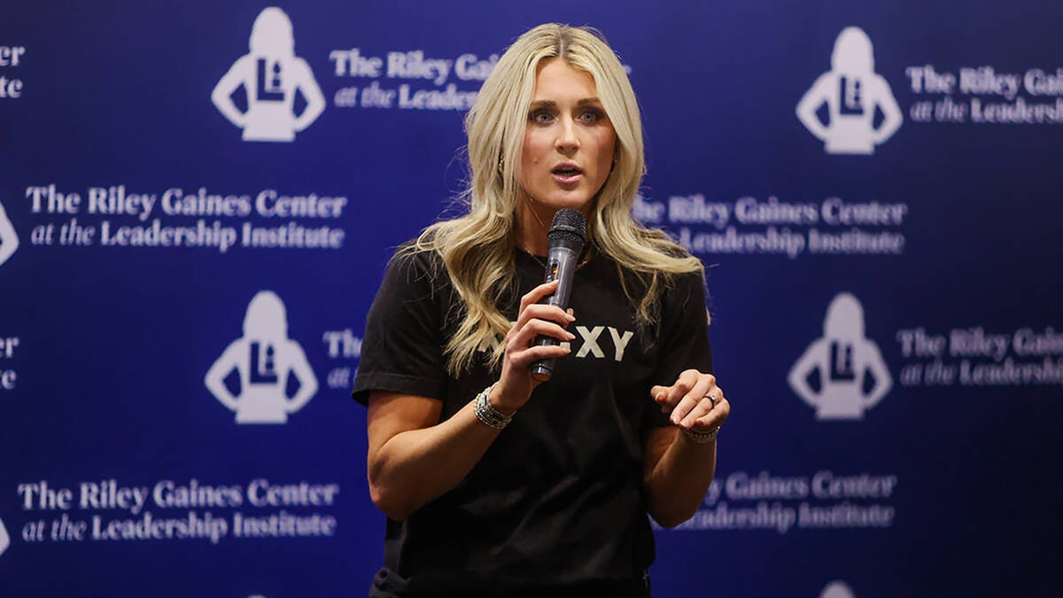Riley Gaines speaking at an event at UNLV in Las Vegas