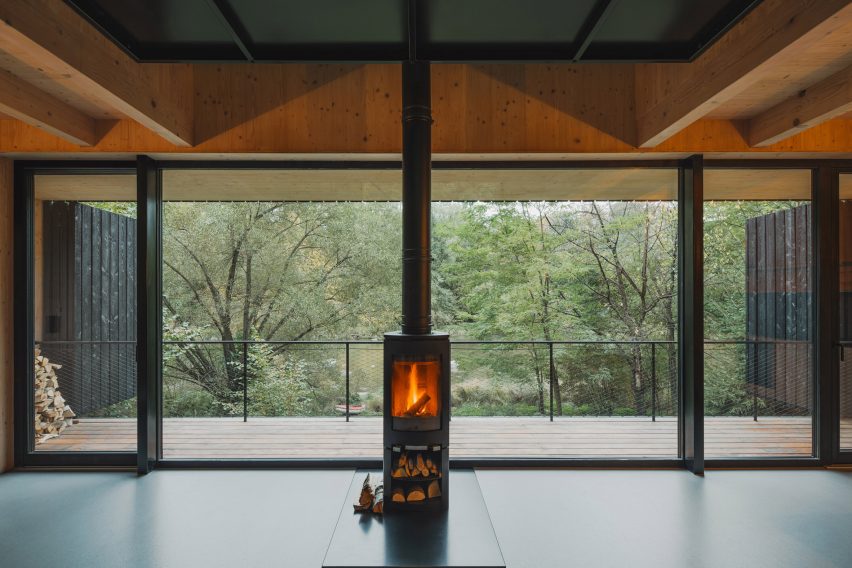 Woodstove fire view of Sazava River