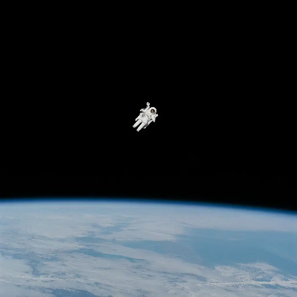 Astronaut floating in space above Earth during a spacewalk.