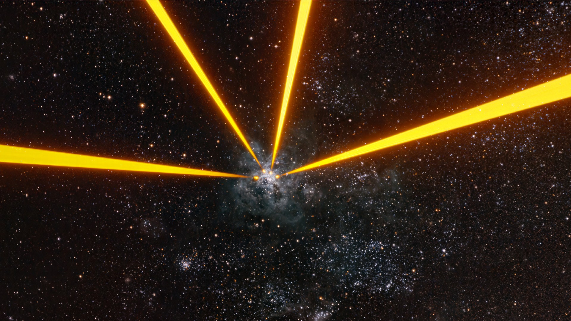 four bright yellow lines of light extend up into a starry night sky