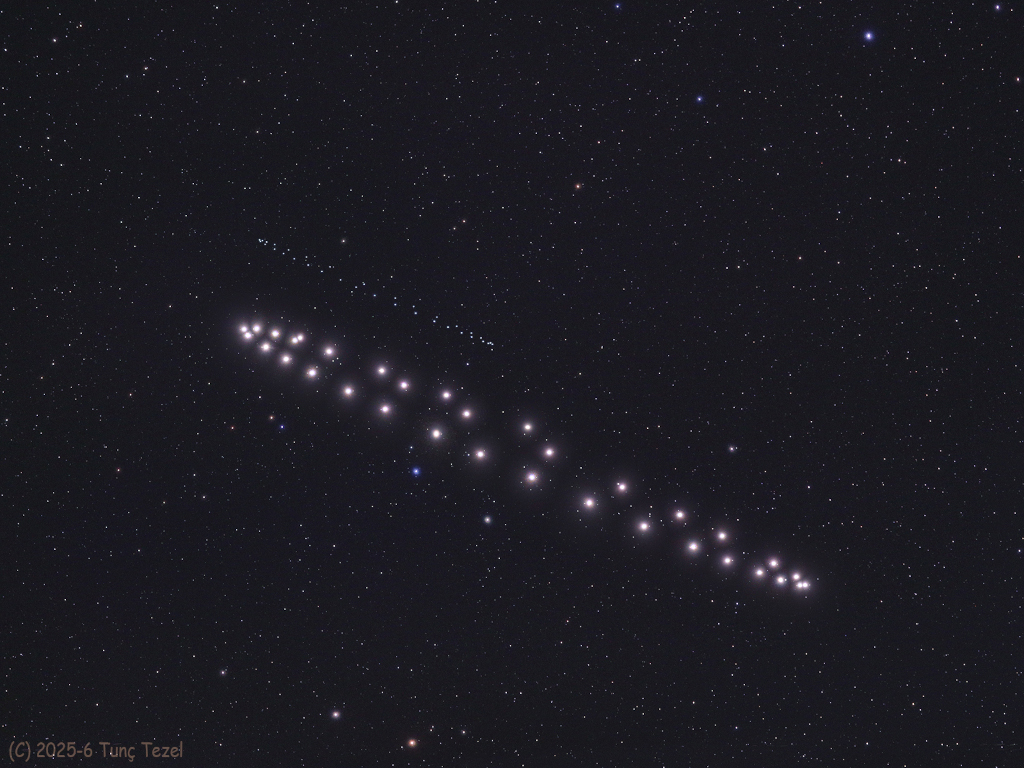 The image shows two parellel rings of bright dots in the night sky. This is a composite image of the positions Saturn and Neptune traced in the sky from May 2025 to January 2026. The brighter ring in the foreground is Saturn, while the dimmer ring in the background is Neptune. Please see the explanation for more detailed information.