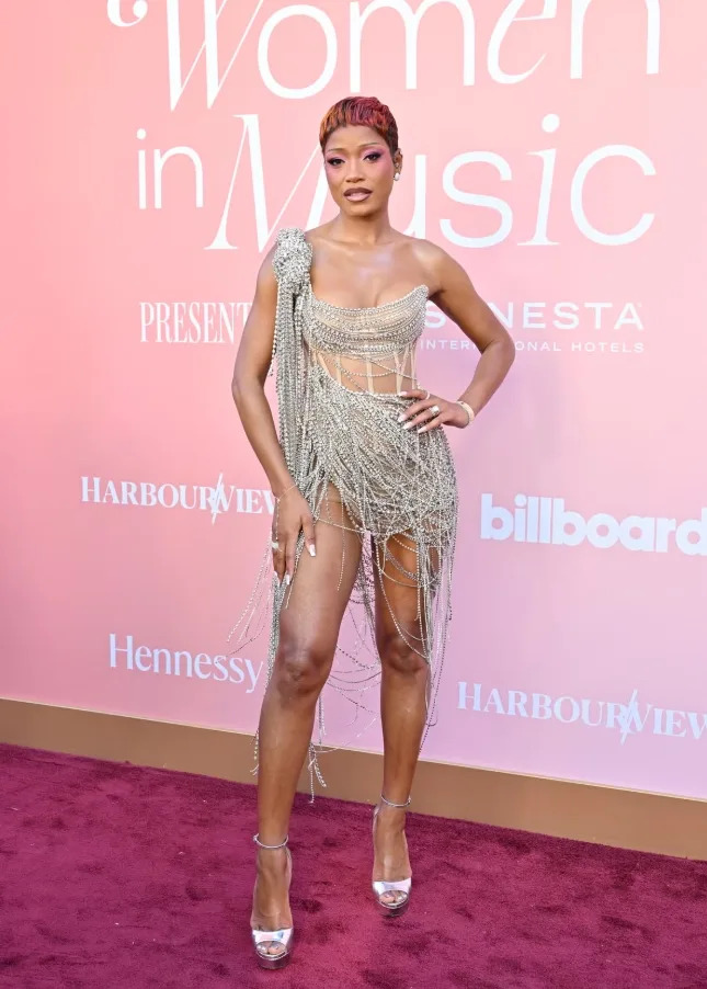 Keke Palmer brought sparkle and confidence in a shimmering Monse statement dress.