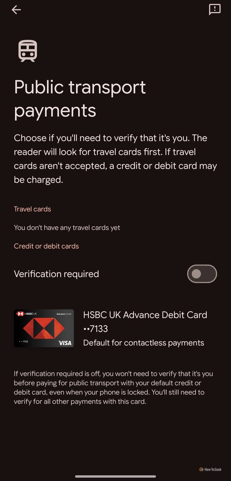 Screenshot of Google Wallet Public transport payments settings