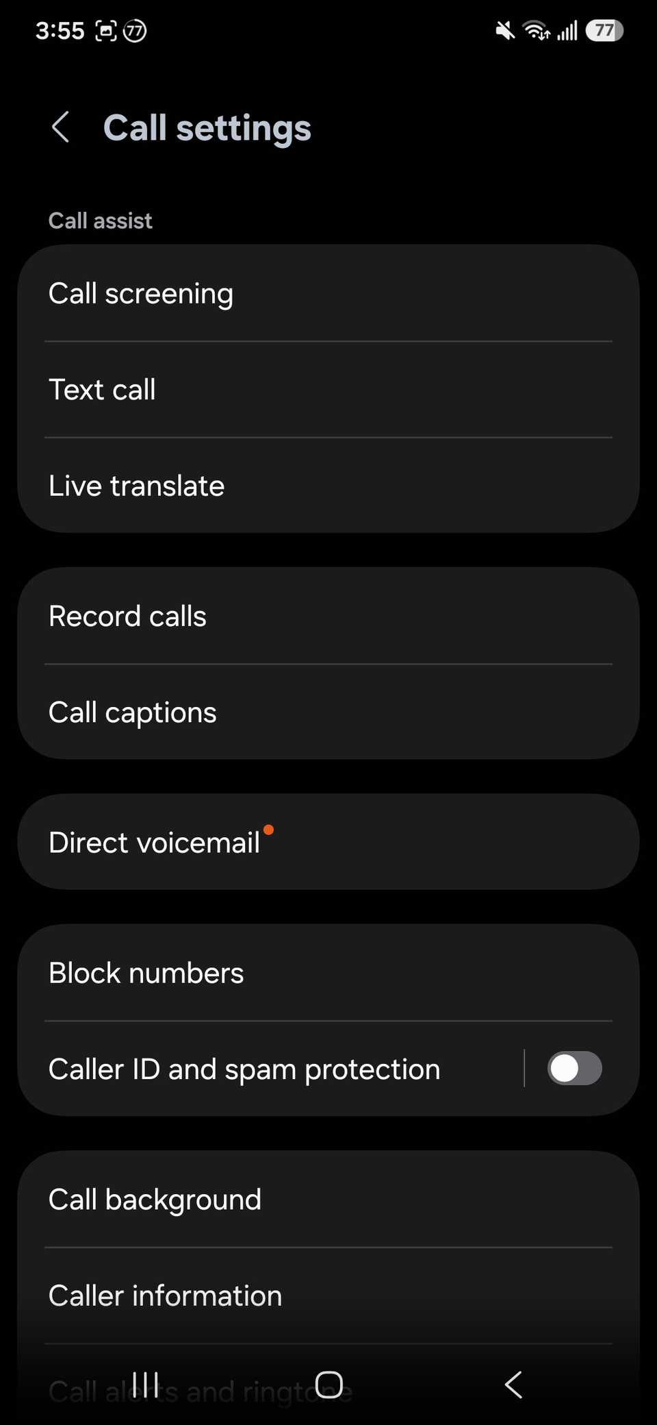 A list of Call settings in the Samsung phone app