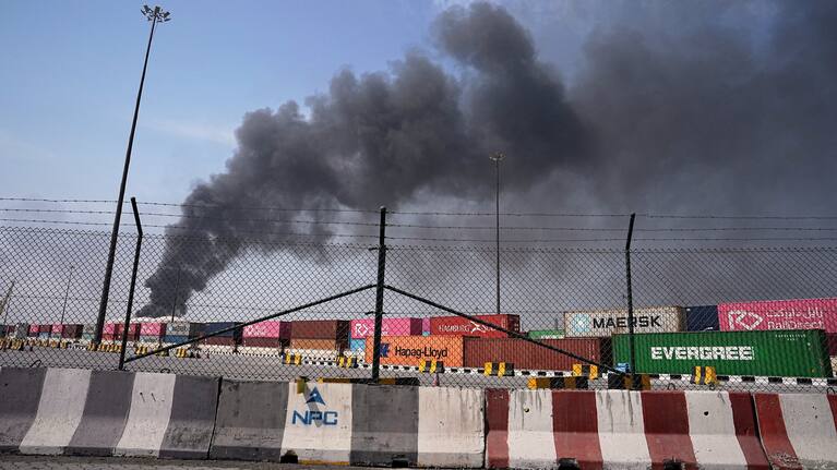 Smoke rises after an Iranian drone attack in the port area of Dubai, United Arab Emirates, March 1, 2026.