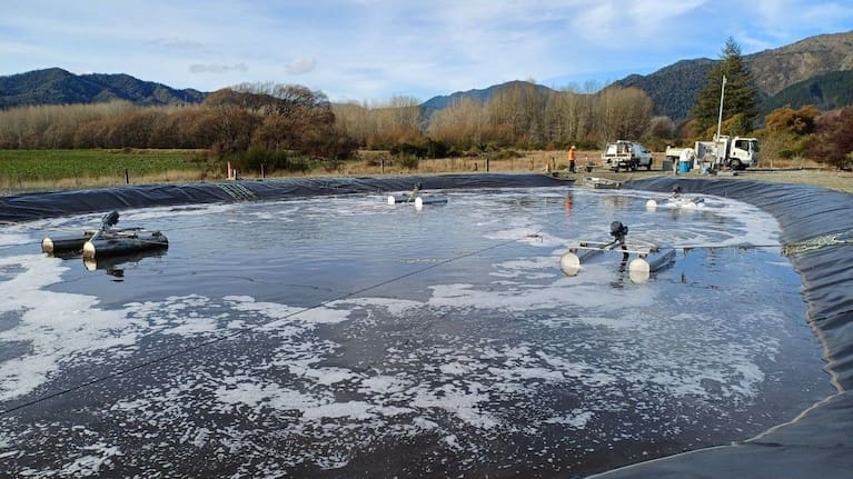 Some level of foam is typically present on the treatment plant's aeration pool, but microbial imbalances have seen several irregular changes to the amount of foam. (Source: Supplied / Tasman District Council)