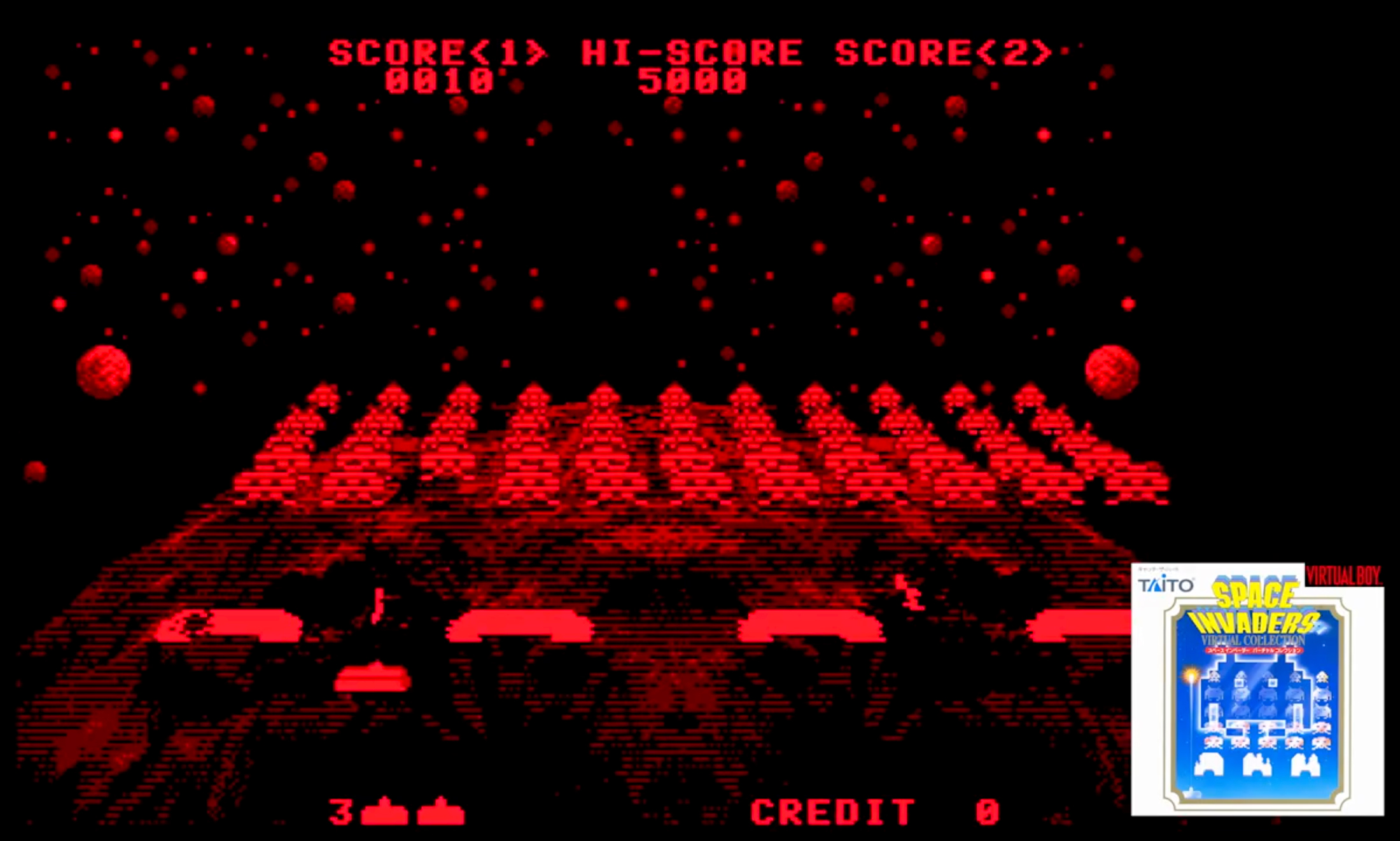 A screenshot of Space Invaders Virtual Collection being played on the Nintendo Virtual Boy.