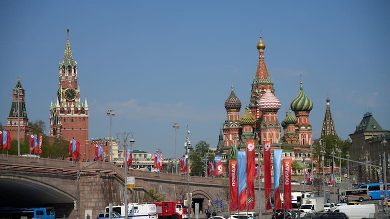 Special service vehicles are parked near Red Square decorated for the celebrations of the 81st anniversary of the Soviet Union's victory over Nazi Germany at World War II 